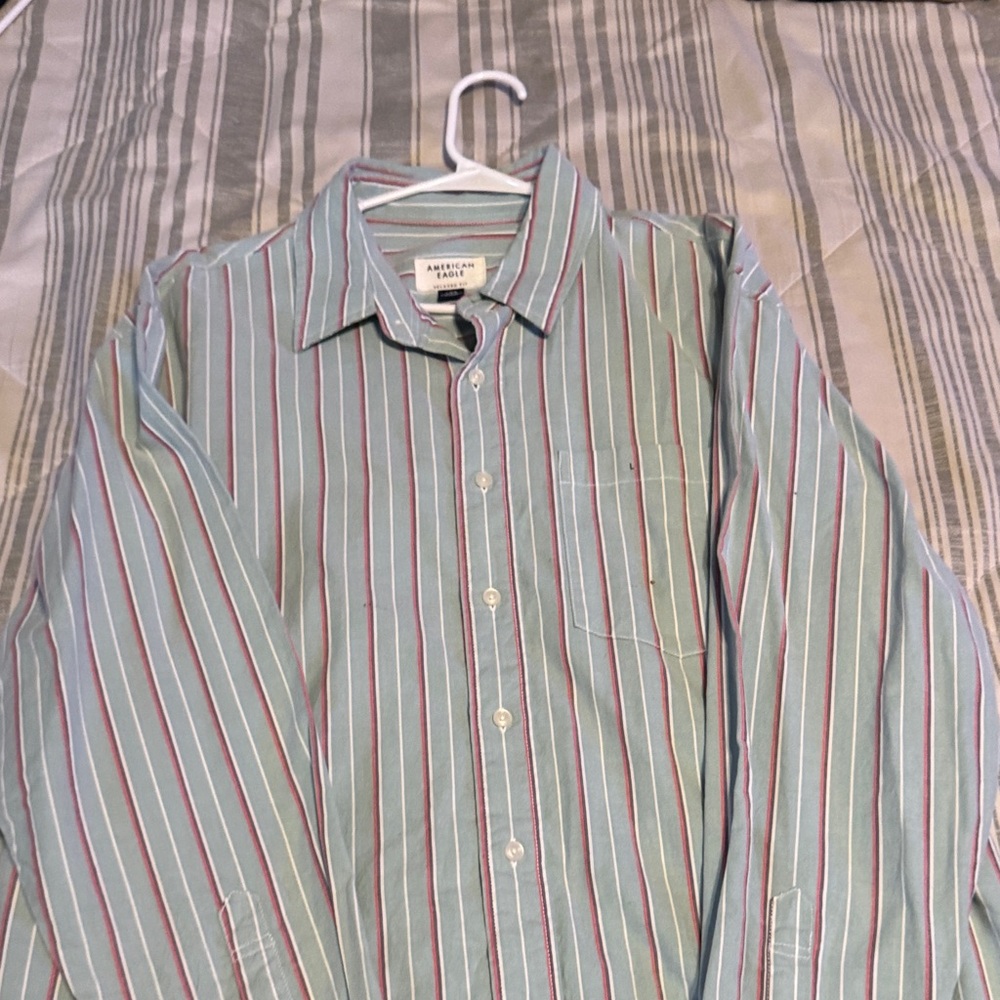 American Eagle Outfitters Men's Blue and Red Striped Shirt